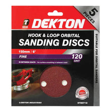 Load image into Gallery viewer, DEKTON 5PC Hook and Loop Orbital Sanding Discs 150mm - Fine 120 Grit