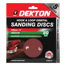 Load image into Gallery viewer, DEKTON 5PC Hook and Loop Orbital Sanding Discs 150mm - Medium 80 Grit