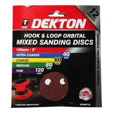 Load image into Gallery viewer, DEKTON 12PC Hook and Loop Orbital Mixed Sanding Discs 125mm - Assorted Grit