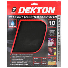 Load image into Gallery viewer, DEKTON 10PC Wet &amp; Dry Assorted Sandpaper 230mm x 280mm - Medium, Fine &amp; Extra Fine
