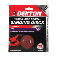 Load image into Gallery viewer, DEKTON 5PC Hook and Loop Orbital Sanding Discs 125mm - Fine 120 Grit
