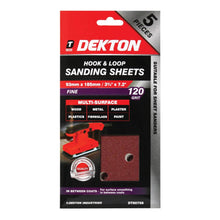 Load image into Gallery viewer, DEKTON 5PC Hook and Loop Sanding Sheets 93mm x 185mm - Fine 120 Grit
