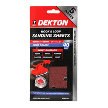 Load image into Gallery viewer, DEKTON 5PC Hook and Loop Sanding Sheets 93mm x 185mm - Extra Coarse 40 Grit
