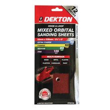 Load image into Gallery viewer, DEKTON 12PC Hook and Loop Mixed Orbital Sanding Sheets 93mm x 230mm - Assorted Grit
