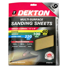 Load image into Gallery viewer, DEKTON 9PC Multi-Surface Mixed Sanding Sheets 280mm x 230mm - Assorted Grit
